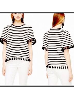 Kate Spade Broome Street Striped Puff  Sleeve Tassel Hem Top Sz Small